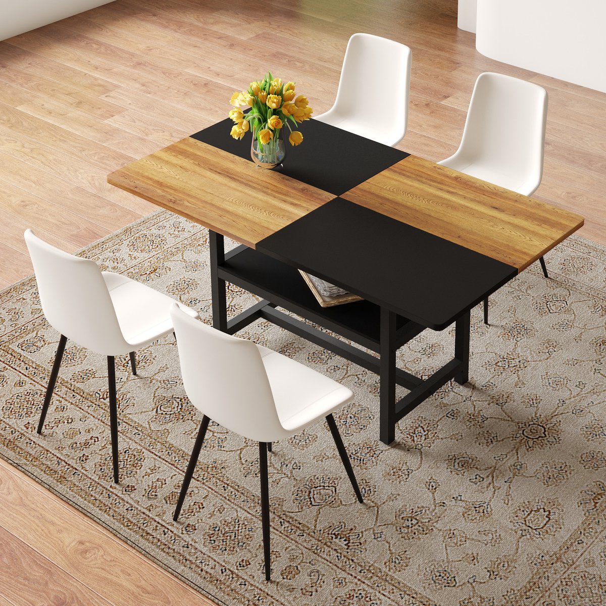 HAUSS SPOLE Eettafelset - Rechthoekige Eettafel Met Opbergplank En 4 Eetkamerstoelen - Voo