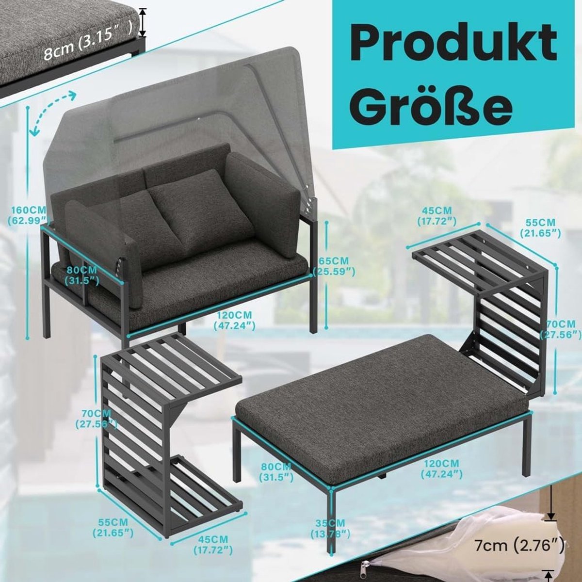 Garden Lounge Island Set with Adjustable Sun Canopy – Aluminium Outdoor Loungeset 2–4 Persons – Weatherproof & Rustproof Patio Furniture with 2 Side Tables & Extra Thick Water-Repellent Cushions – 120x160 cm – abtkantoor