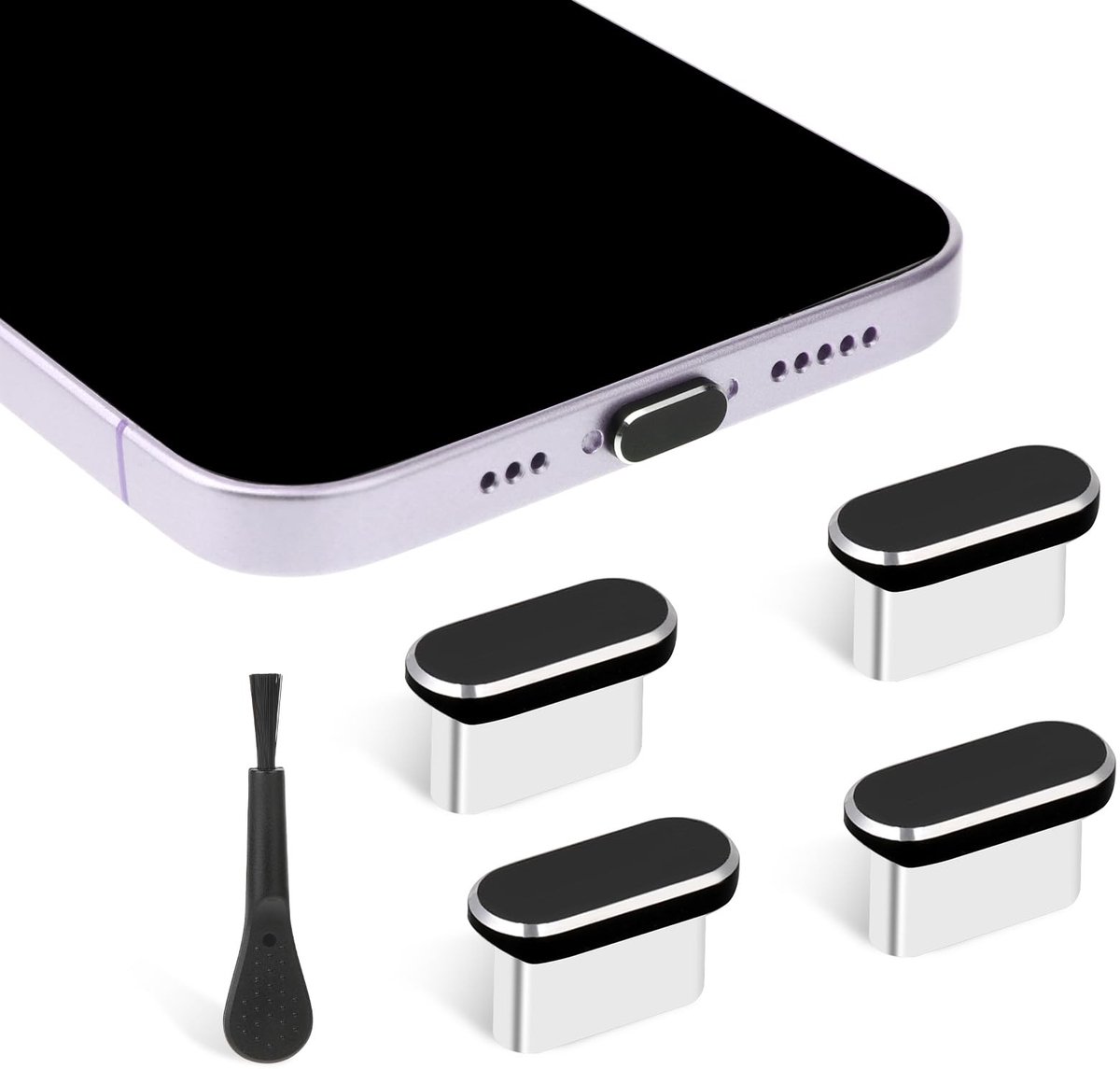 Dailygoody - Teaaha USB C Dust Protection Set - 4 Stuks met Schoonmaakborstel - Zwart