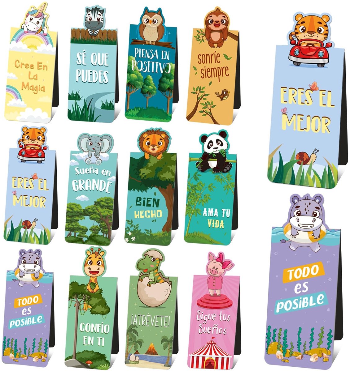 Dailygoods - Dailygoody - Inspirerende Boekenleggers - Magnetische Dieren - Bemoedigende Spreuken - 12 Stuks - Cadeau voor Jongens en Meisjes - Voor Lezen en Schoo