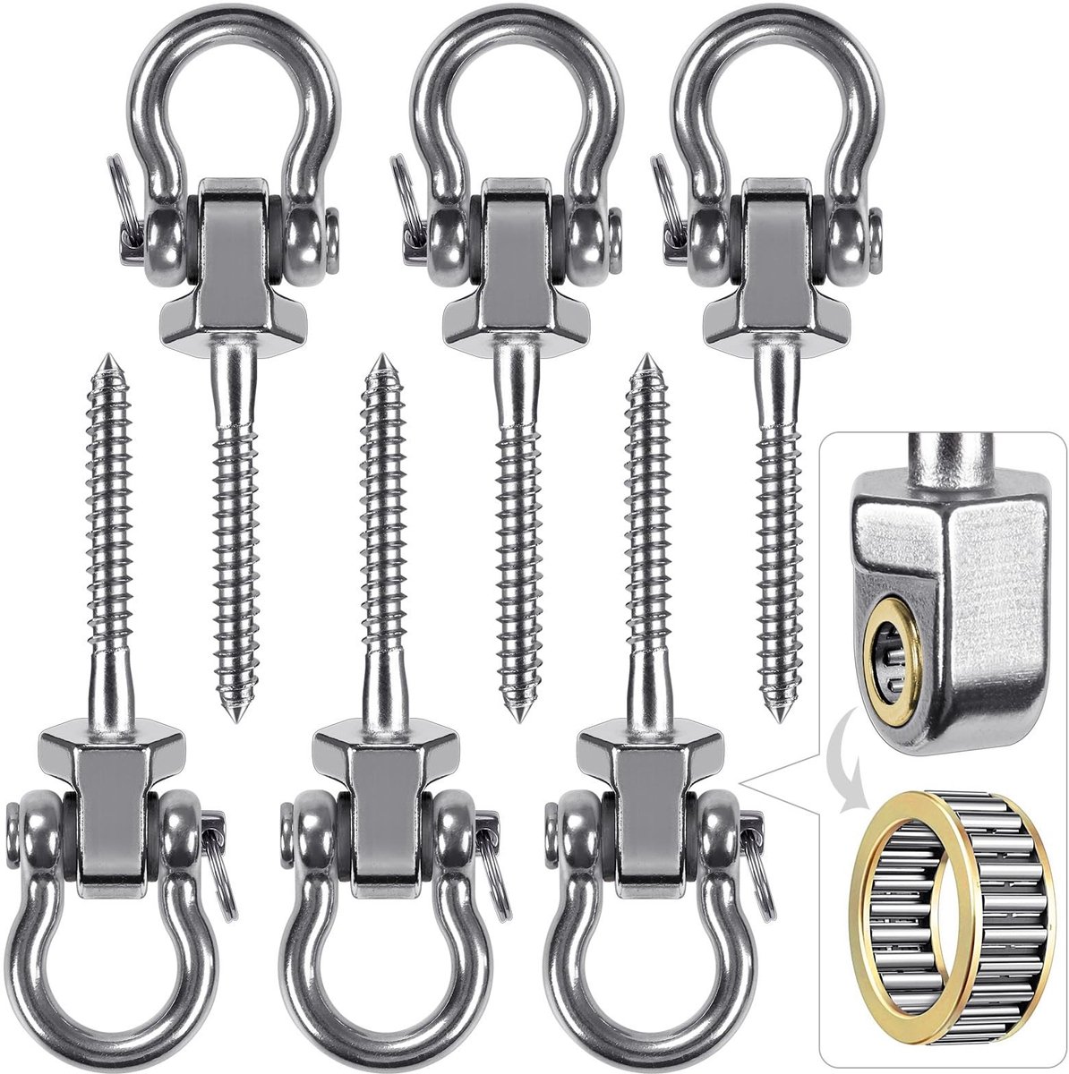 Dailygoods - Dailygoody - Bevestigingsschroeven - Draaibare montageset - Roestvrij staal - Voor binnen en buiten - Geschikt voor hangmat en schommel - 6 stuks