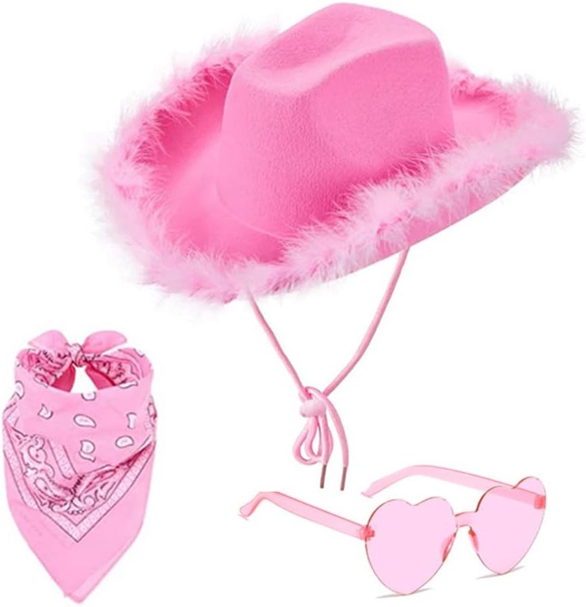 Stijlvolle Hoed met Brede Rand voor Cowgirls met Hartvormige Zonnebril en Boa - Cowboy Kostuumaccessoires voor Volwassenen en Feestjes