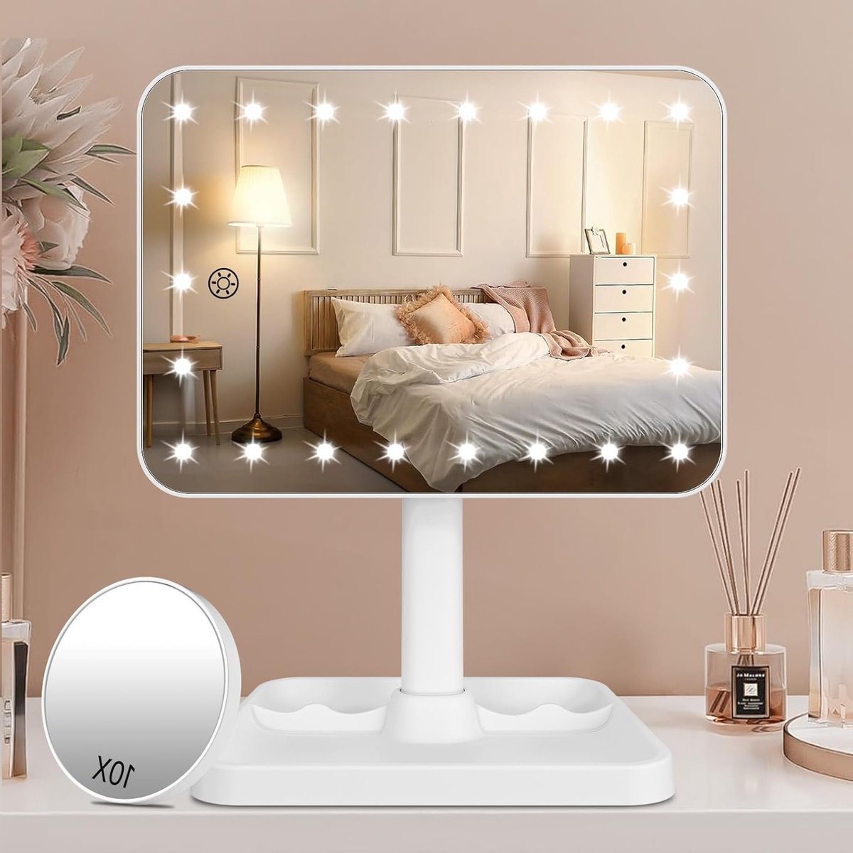 Oplaadbare Make-up Spiegel met Verlichting voor Dressing Table en Badkamer, Dimbare Touch Sensor en Afneembare 10x Vergroting voor Reizen