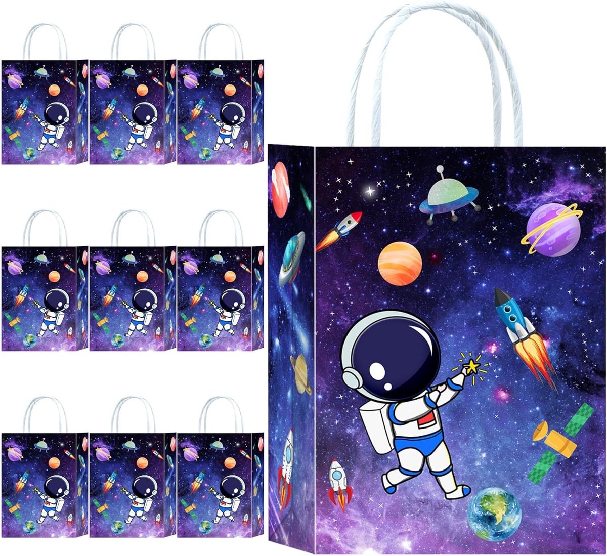10 Papieren Cadeautassen met Handvat voor Ruimtefeest, Astronauten en Ruimtevaartthema, Ideaal voor Verjaardagsfeestjes