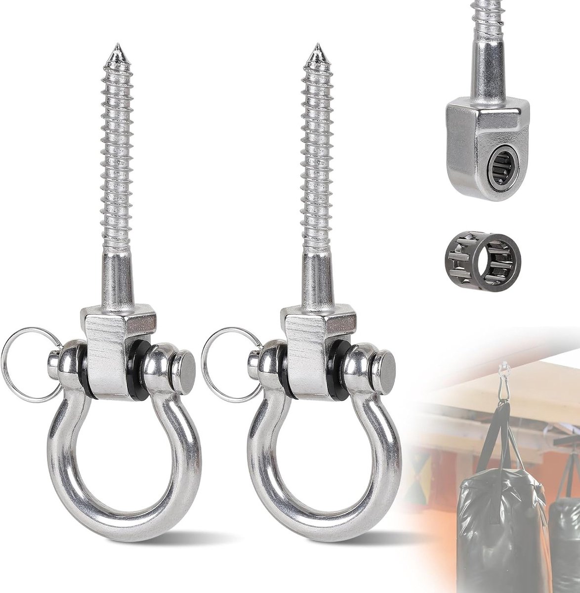 2 x Swing Hooks M8 voor Zware Lasten - 125 mm Schroefhaken van Roestvrij Staal voor Hangende Schommels, Bevestiging met Naaldlagers en Geluidsloze Suspension