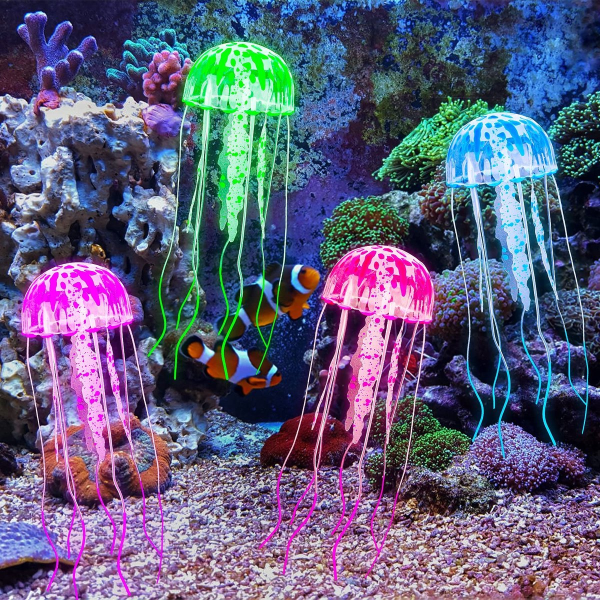 Dailygoods - Dailygoody - Decoratieve Kwallen - Lichteffecten - Set van 4 - Kleurrijke Aquarium Decoratie - Siliconen Kwal - Geschikt voor Binnen en Buiten