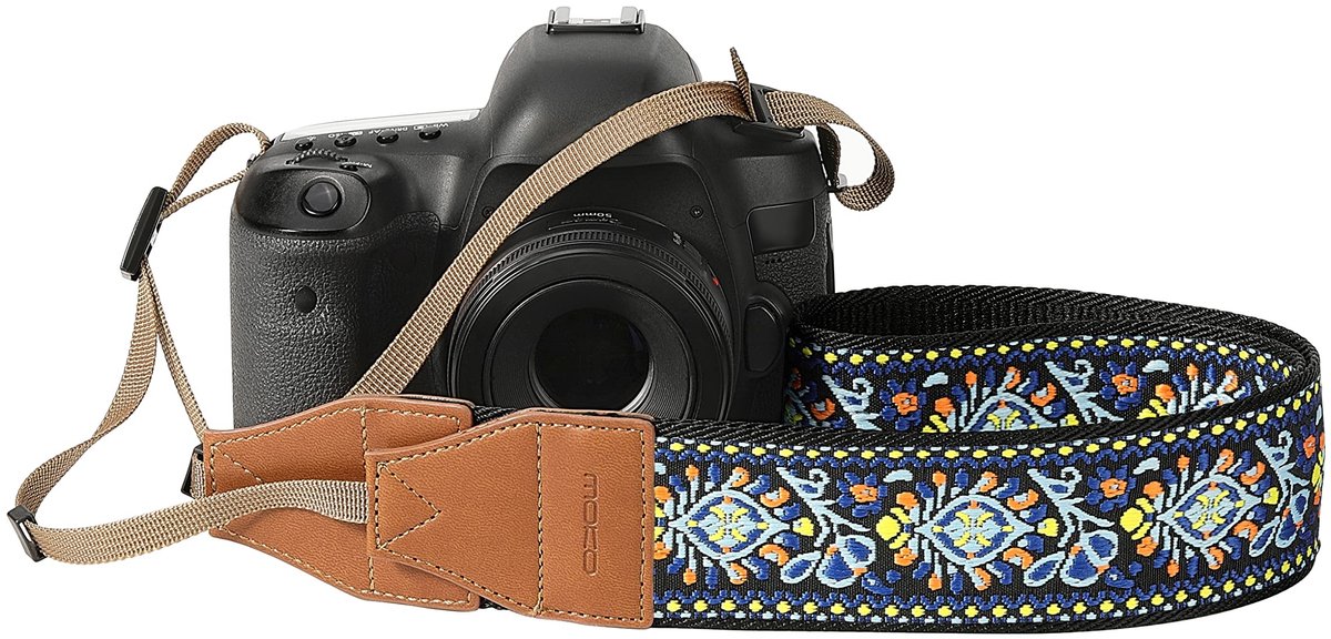 Dailygoods - Dailygoody - Camera Strap - Vintage Camera Strap - Verstelbare Schouderriem - Vintage Blauw - Geborduurd - Geschikt voor Cameras - Voor Nikon Can...