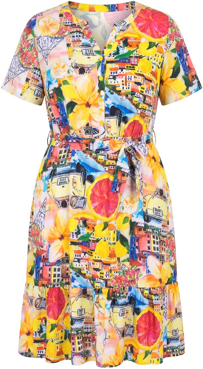MIAMODA - Dames - Jurk A-lijn all-over print taille met strikceintuur - Multicolor - Maat 44