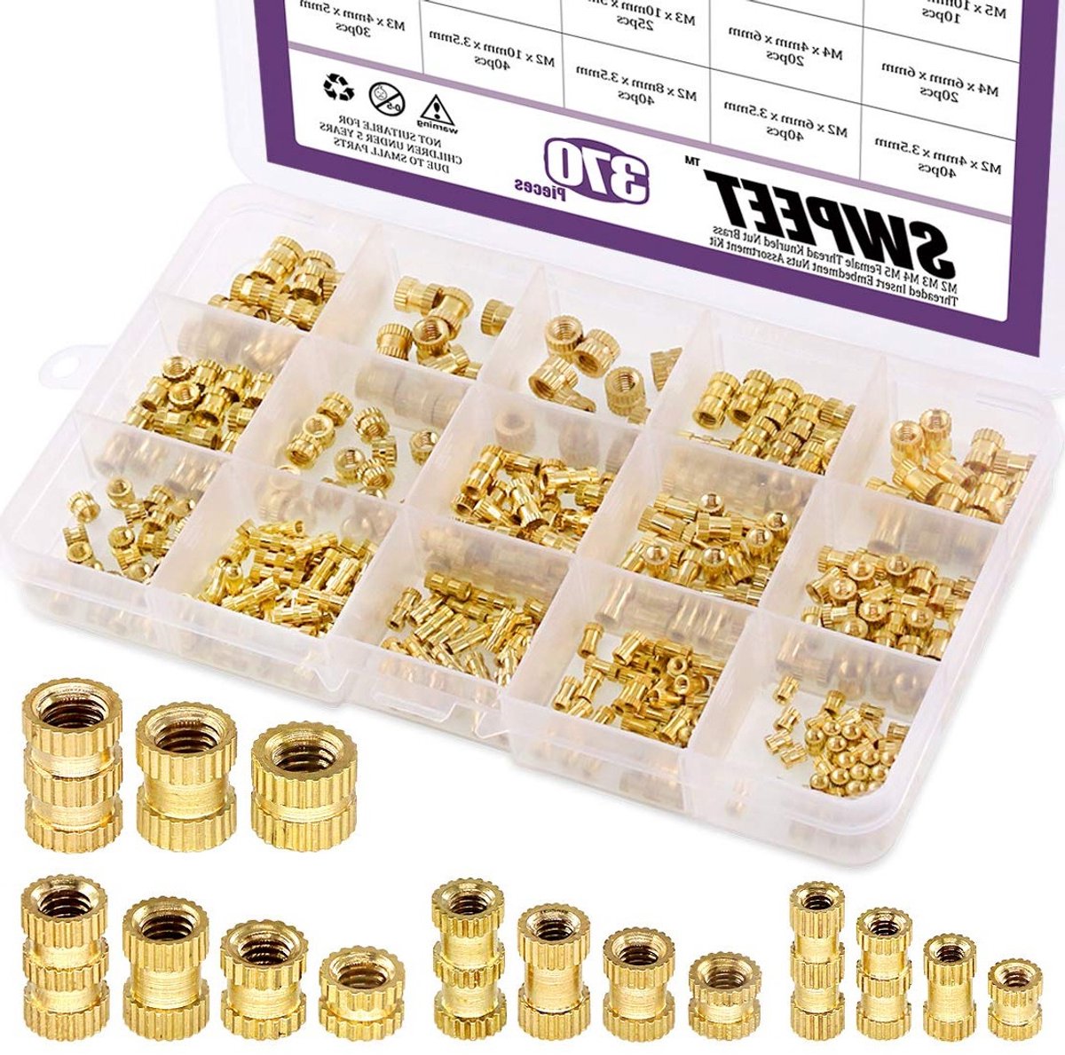 370-delige set met M2, M3, M4, M5 vrouwelijke schroefdraadmoeren van messing voor 3D-printen en hydraulische toepassingen