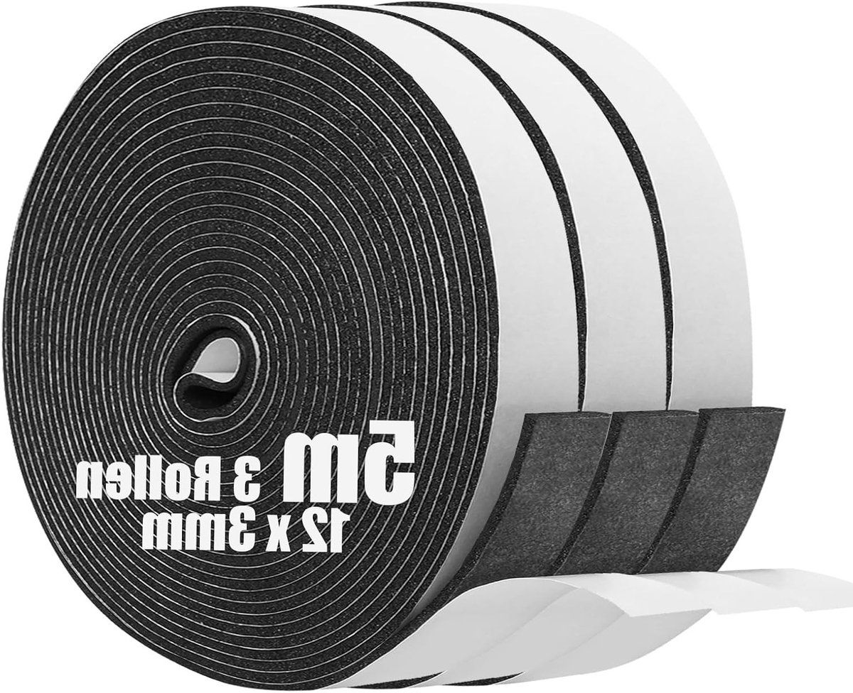 Zelfklevende Foam Sealing Tape voor Geluidsisolatie, Raam- en Deurafdichting, Anti-Collisie (12mm x 3mm x 5m, 3 Rollen)
