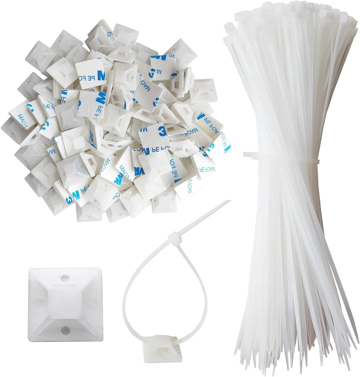 Set van 340 Zelfklevende Kabelbinders en Bevestigingsbases voor Efficiënte Kabelbeheer, Wit, 19x19mm en 200x2.5mm, Ideaal voor Organiseren van Draden en Kabels
