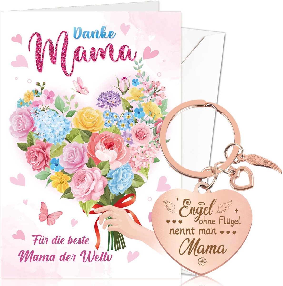 Dailygoody - Moederdag Cadeau - Set met Kaart en Sleutelhanger - Bedank je Mama - Persoonlijk Cadeau - Unieke Verjaardagskaart - Moeders - Voor d