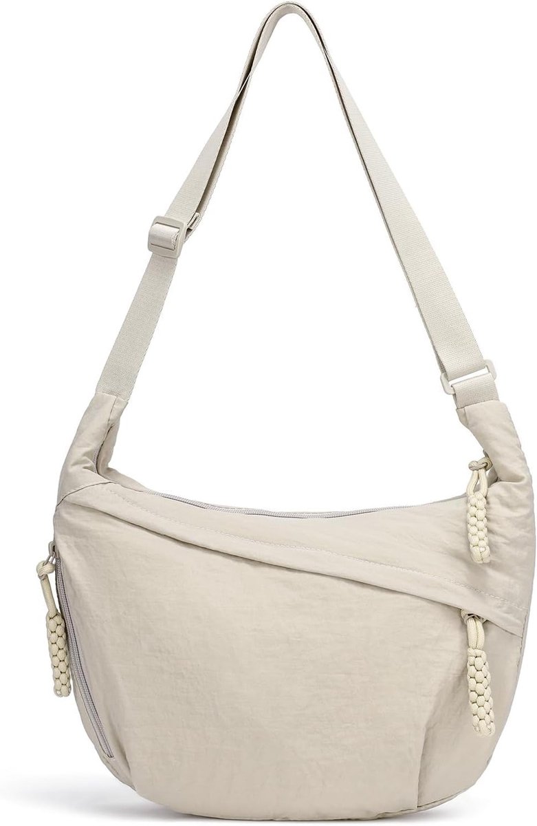 Half Moon Crossbody Bag - Beige Nylon Hobo Bag met Verstelbare Schouderband en Rits, Ideaal voor Dagelijks Gebruik en Vrijetijdsbesteding