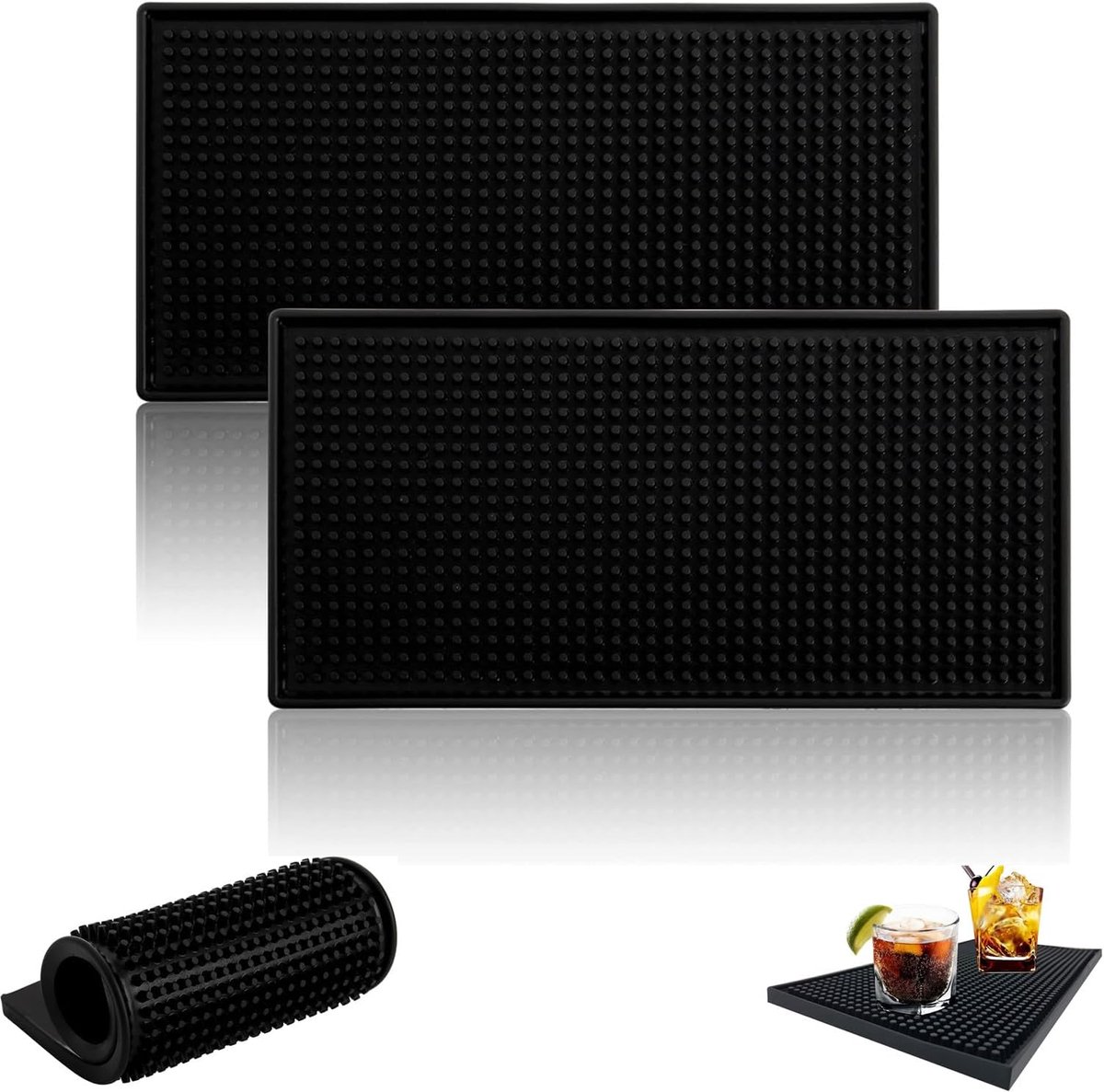 Set van 2 bar-serviesmatten, 15 x 30 cm, barmat, afdruipmat, servies, rubberen mat, antislip, afvoermat, geïsoleerde mat, voor bar, club, keuken, café, voor afdruiprek, zwart