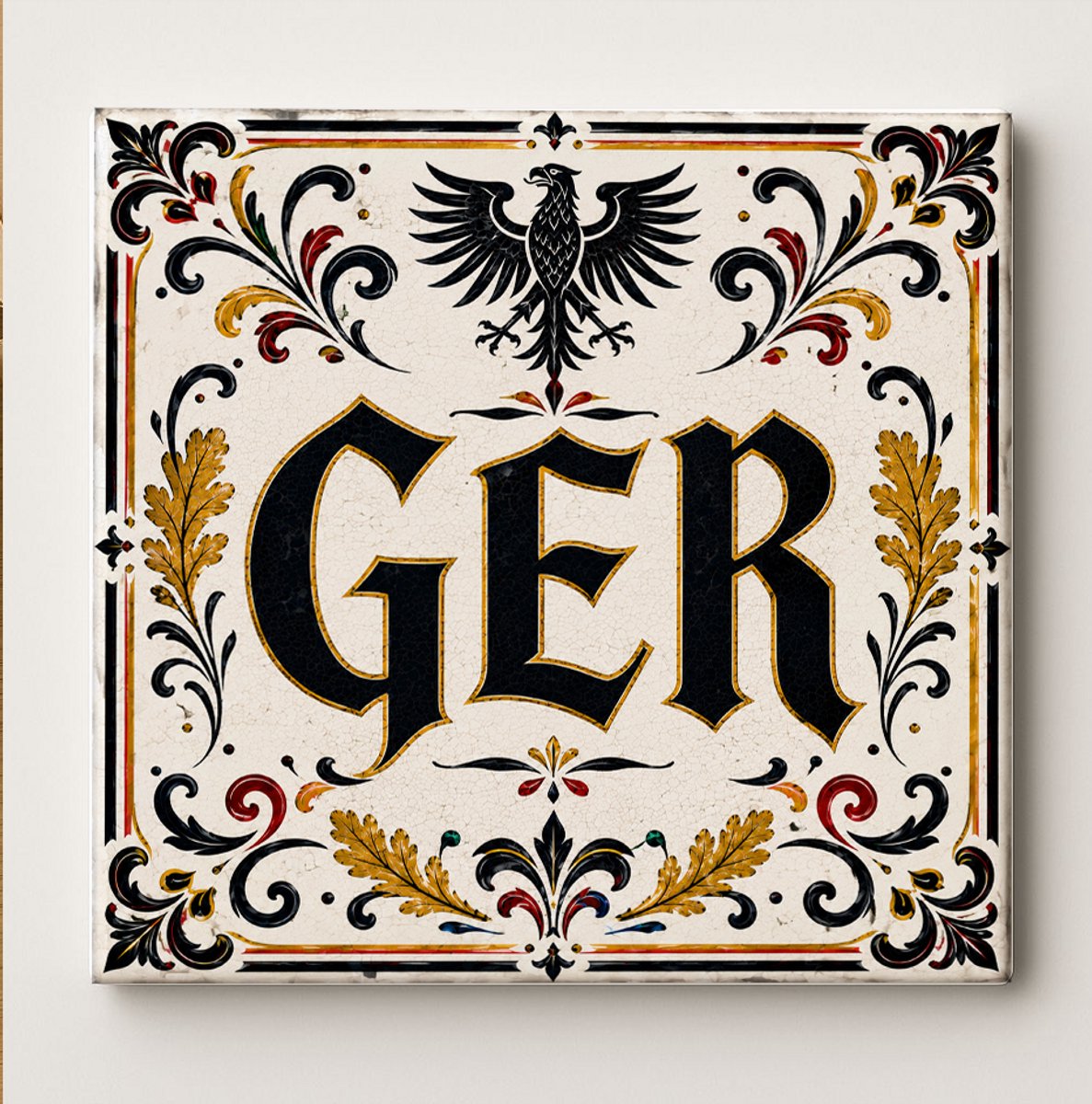 Duitsland Decoratieve Keramische Tegel – GER Adelaar en Eikenblad Design – Zwart Rood Goud
