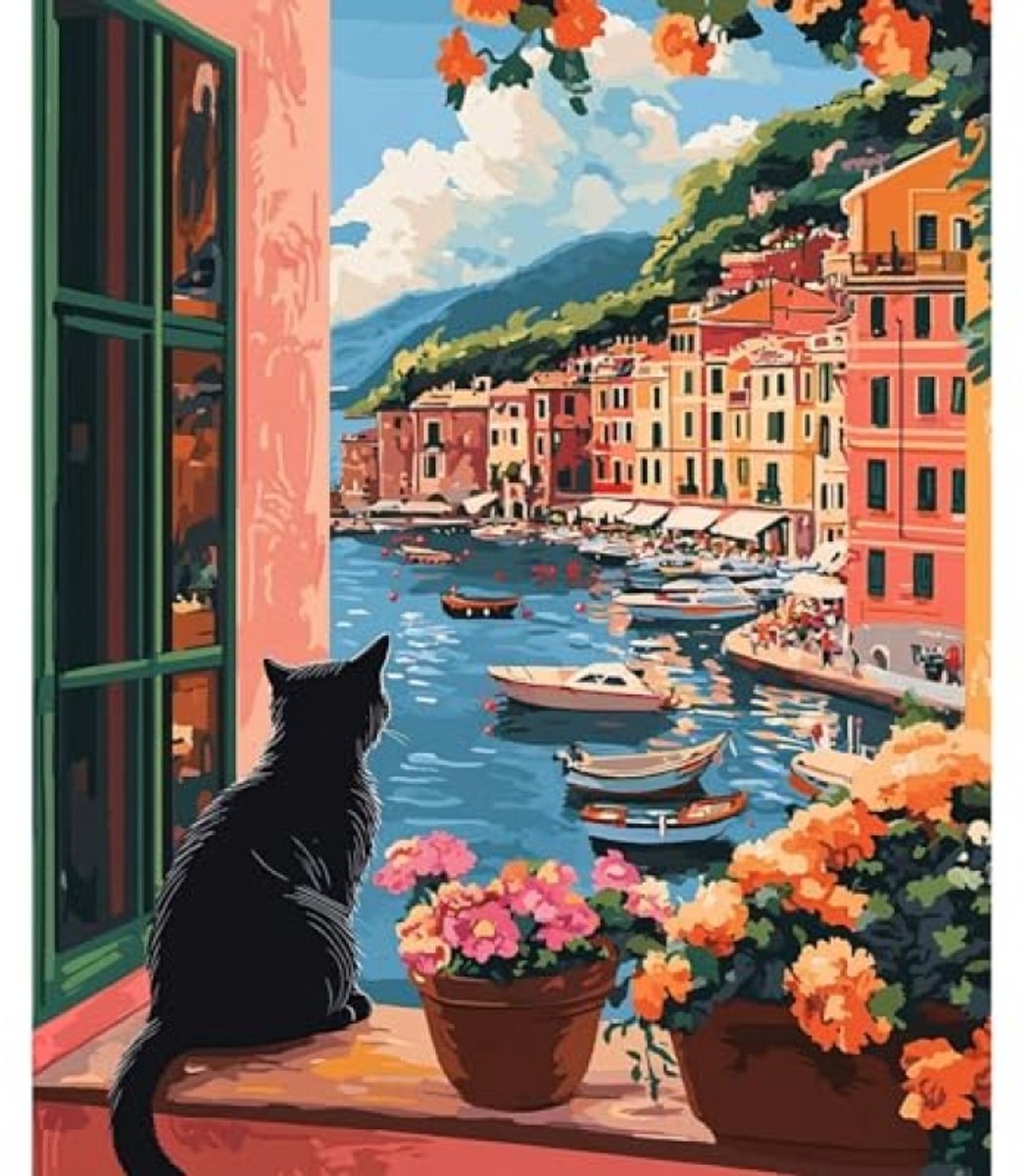 Schilderen op Nummer Canvas Set - Zeezicht, Zwarte Kat en Potbloemen - Olieverf - DIY Muurdecoratie 40x50cm