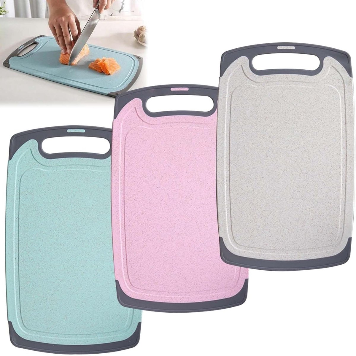 Set van 3 Antibacteriële Snijplanken, Niet-slip, Vaatwasserbestendig, Ideaal voor Keuken en Kamperen, Herbruikbaar en Met Ophanggat