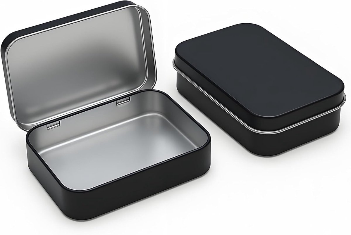 Rectangulaire Mini Opbergdozen met Scharnierdeksel (11.5 x 8.5 x 2.2 cm) – Ideaal voor Kleine Voorwerpen, Blikdozen met Deksel, Set van 2 Stuks in Zwart