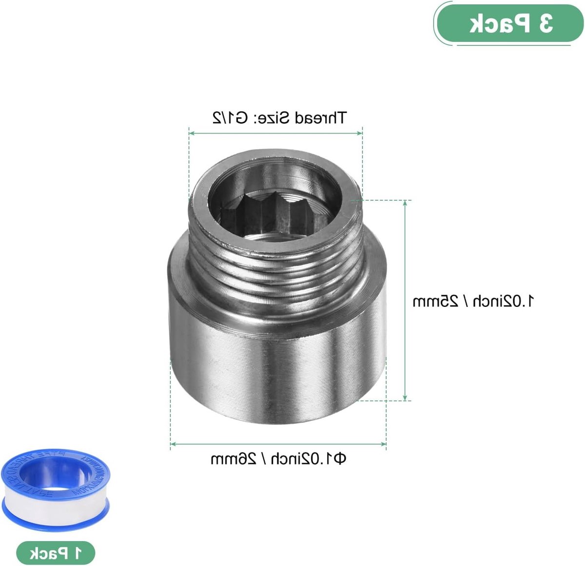 Verlengarm voor Doucheslang van RVS, G1/2 Mannelijk naar Vrouwelijk, Inclusief PTFE Draadafdichting, Geschikt voor Douche en Kraan, 25mm, Set van 3 Stuks