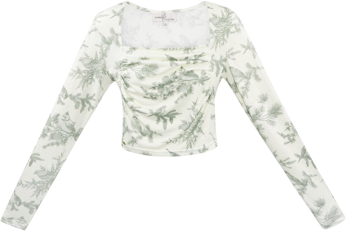 Elegante Crop Top met Lange Mouwen en Bloemenprint - Groen - Maat M