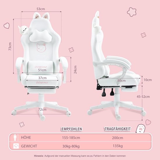 Gamingstoel Katteneditie - Computerstoel Ergonomisch - Langdurig Zitten - Verstelbare Rugleuning - Max 150 kg - Sneeuwwit — afbeelding 4