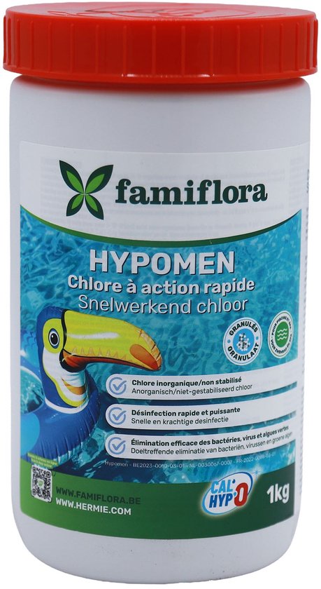 Witte pot met rode dop. Label met 'famiflora', 'HYPOMEN', tukan op zwemband, en productinformatie.