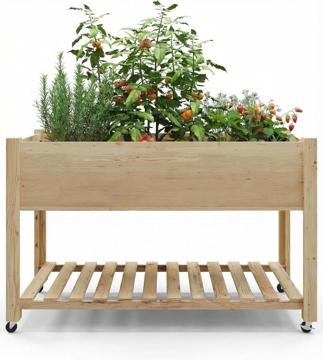 Houten Verhoogde Kweekbak op Poten – Mobiele Moestuinbak met Wielen en Opbergrek – Ergonomische Moestuin voor Balkon, Terras en Tuin – 121 x 60 x 76 cm – Naturel