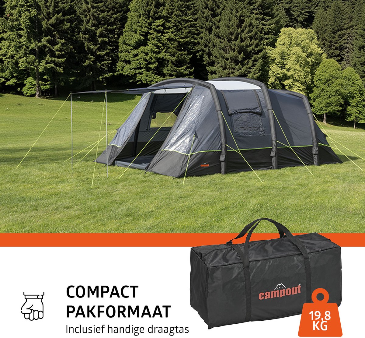 Campout 6-Persoons Familietent Opblaasbare Tunneltent – 5000 mm Waterdicht – 2 Slaapcabines – 19 m² – 15 min Opzettijd – Incl. Pomp & Luifel – foto 2