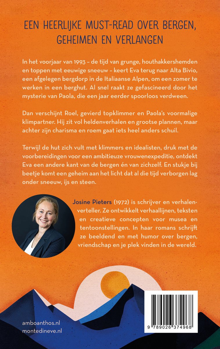 Achterkant van het boek 'Gran Paradiso' met een portret van Josine Pieters. Tekst over het verhaal en de schrijfster.
