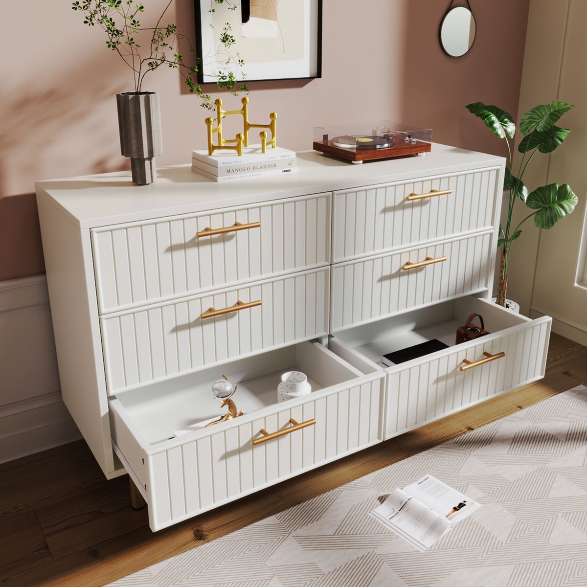 Merax Ladekast 120x40x75 cm - met 6 lades - hoge kast - voor woonkamer en slaapkamer - wit