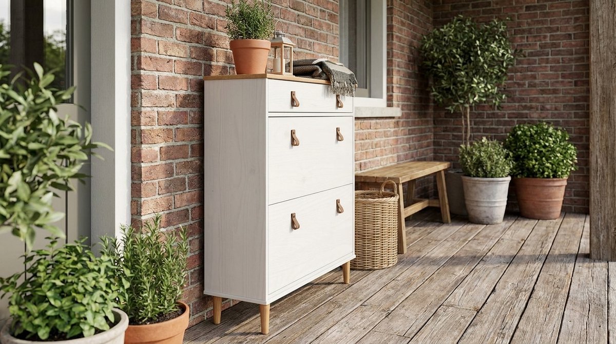 Schoenenkast smal 86x30x105 cm – House&Garden MIKA Schoenenkast met 2 kleppen en 1 lade – Scandinavisch design wit/eiken – ruimtebesparende houten schoenenopberger voor gang en hal – geschikt tot maat 43