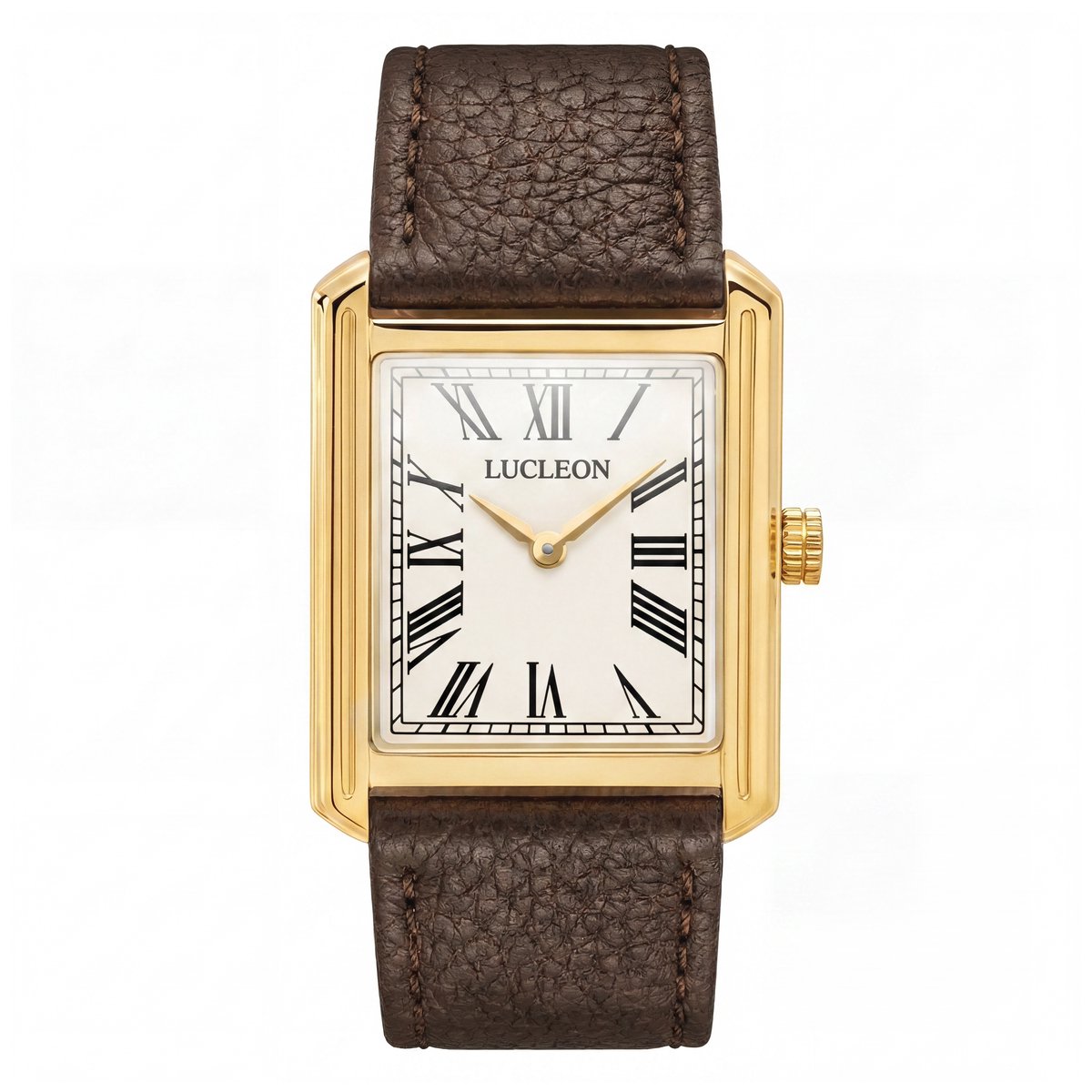 Legacy | Retro vierkant goudkleurig horloge met crèmekleurige wijzerplaat met Romeinse cijfers en donkerbruine leren band