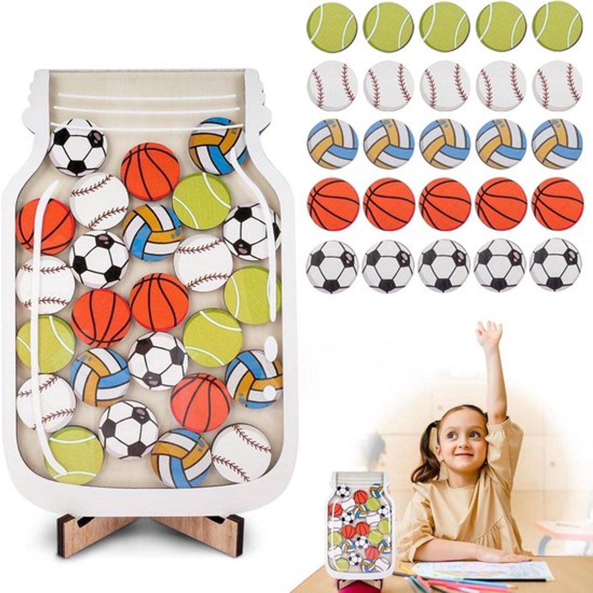 Beloningsglas voor kinderen - Voetbal Bal Basketbal Tennis - Gepersonaliseerd beloningssysteem voor jongens en meisjes in klaslokaal