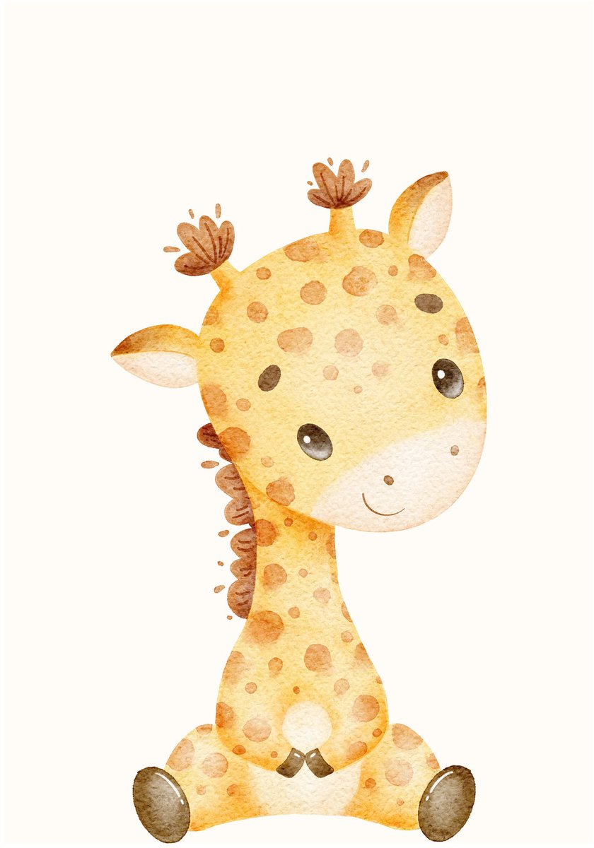 Baby Giraffe Zittend - Dibond Wanddecoratie - 35x50 cm - Aluminium Wandprint - Premium Galerij Kwaliteit - Kinderkamer Muurdecoratie - Baby Giraffe