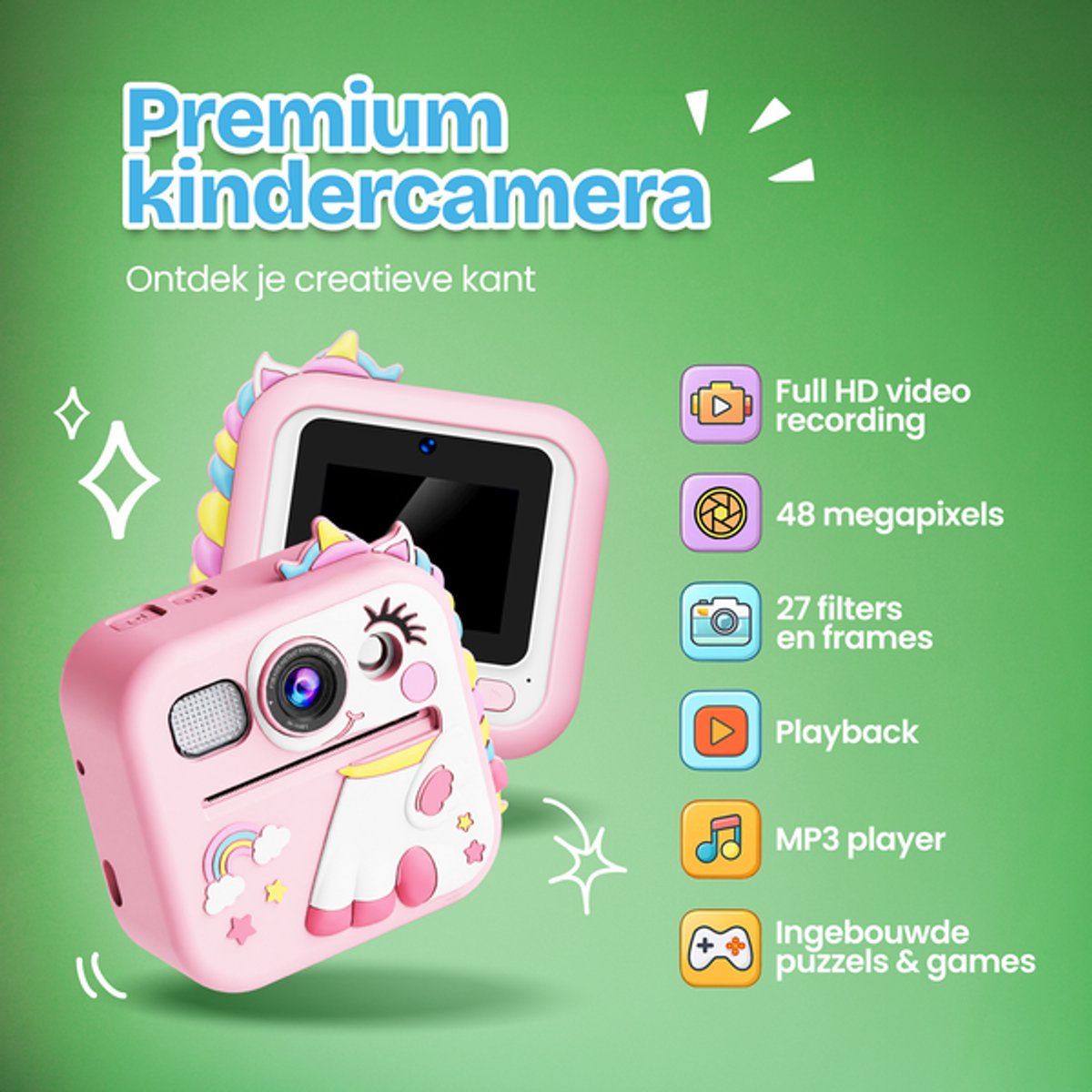TinyPlay Kindercamera met foto printer - Siliconen Hoes - 48MP - Digitale Camera Kinderen - 32GB SD kaart - Full HD Foto en Video - Spelletjes - Fotoprinter - Kinder camera - Digitale kindercamera - Roze — afbeelding 3