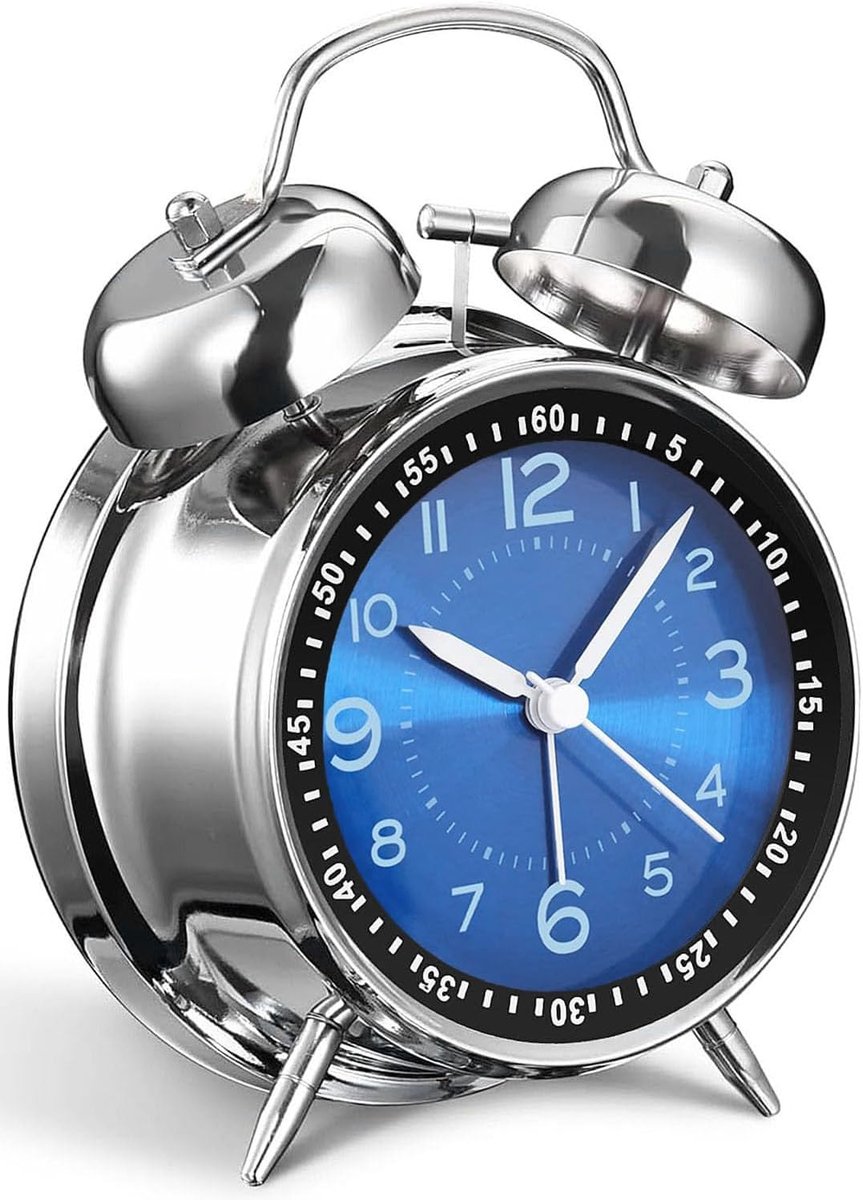 JeiibrZui Vintage Wekker Analoog - Juwelenblauw Metallic - 10 Cm - 1 Stuks - Stil Quartz Uurwerk Met Dubbele Bel Voor Diepe Slapers - Retro Slaapkamer Decoratie