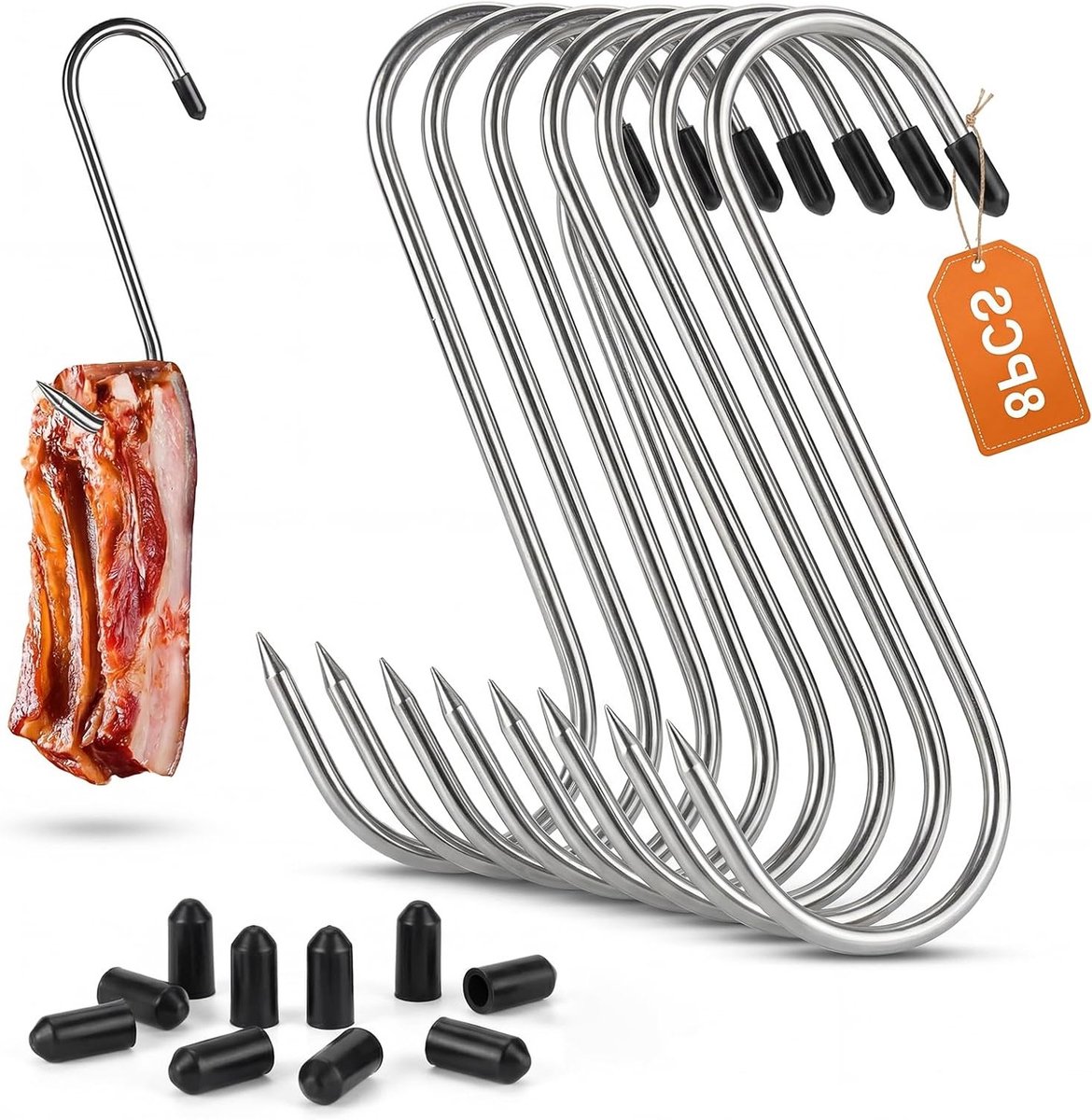 Set van 8 RVS S-vormige Vlees Haken voor Ophangen, Geschikt voor Slachten, BBQ en Roken, D