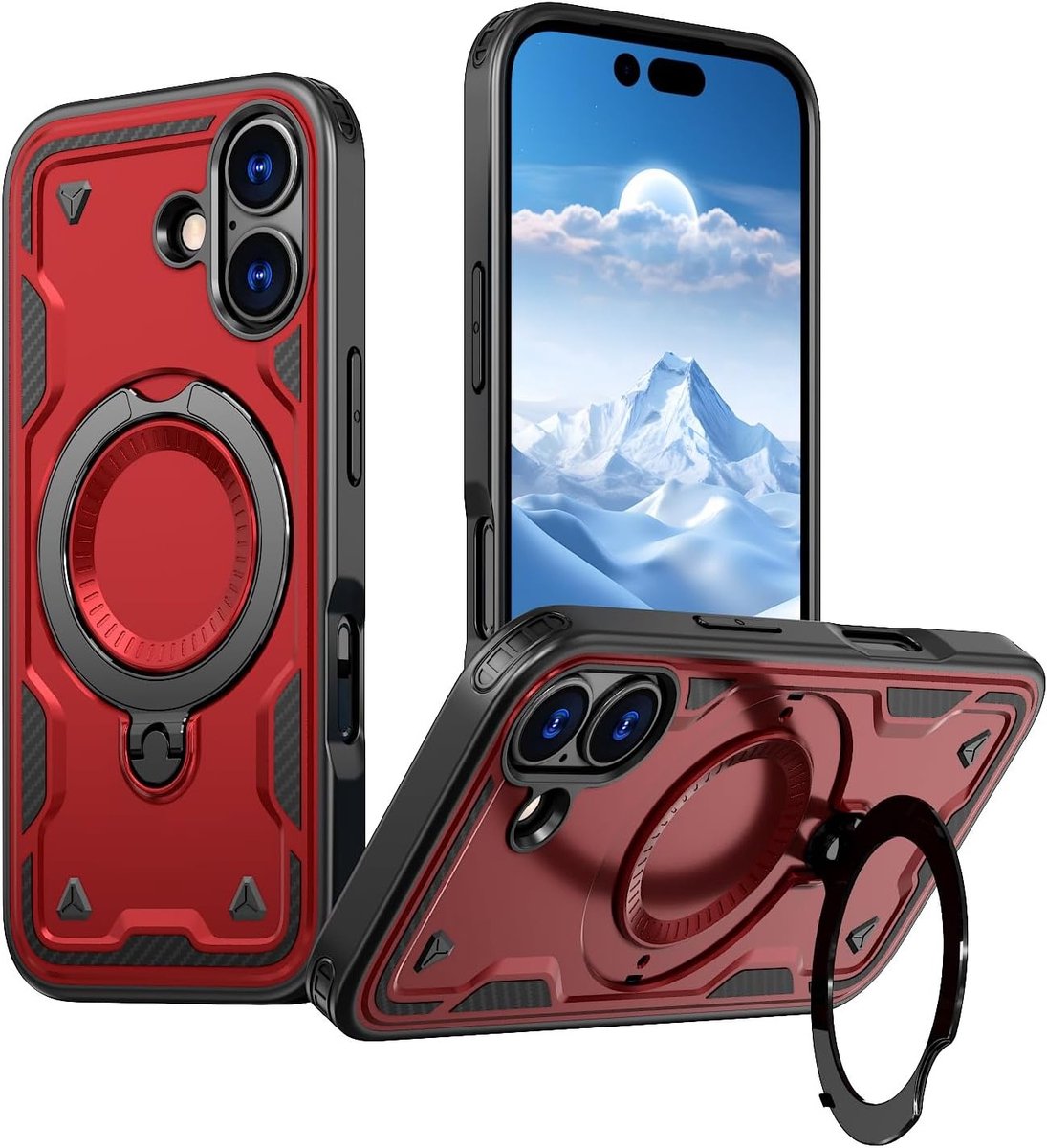 Compatibele Magsafe Hoes voor iPhone 17 - Magnetische Autohouder met Metalen Stand, Schokbestendige Hardcase in Rood