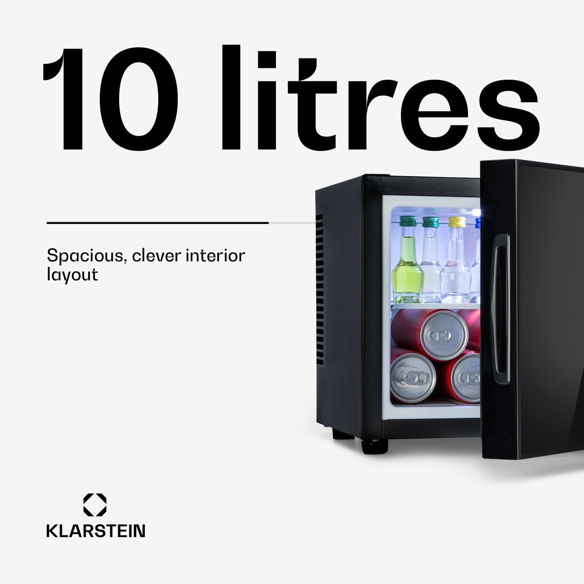 Klarstein Mini-Koelkast Frosty Vrijstaande - 10 Liter - Losse Glazen Bodemplaat - 33dB - Koele Frisheid - Voor Gastkamers Of Slaapkamers - Glansrijk - Thermo-elektrisch Koelsysteem - Spiegelglasdeur - praktisch - Elegant - Zwart — afbeelding 5