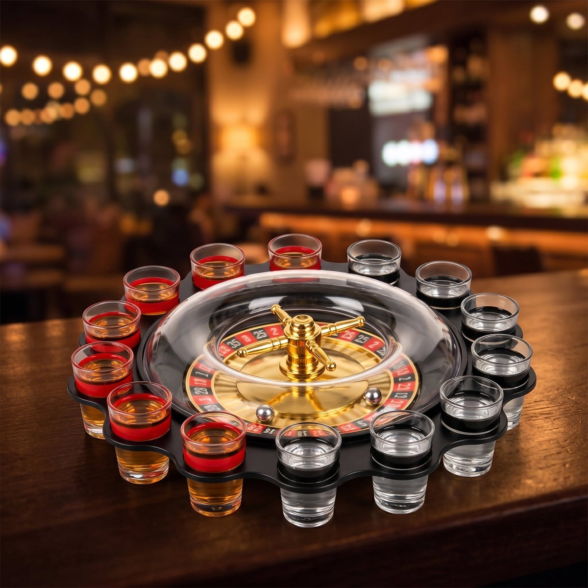 Cheqo® Roulette Drankspel met 12 Shotglaasjes - Drinkspel voor Volwassenen - Party Roulette - Shot Roulette - Drank Roulette - Feestspel - Partyspel - Draaischijf met Speelballetjes - Casino Spel - Feestartikelen - Drinking Game - Shots