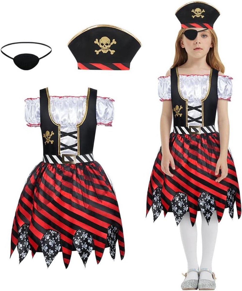 Piratenkostuum voor Meisjes, 3-delig Piraten Outfit met Hoed en Ooglapje, Perfect voor Verkleedfeest en Verjaardagsfeestje