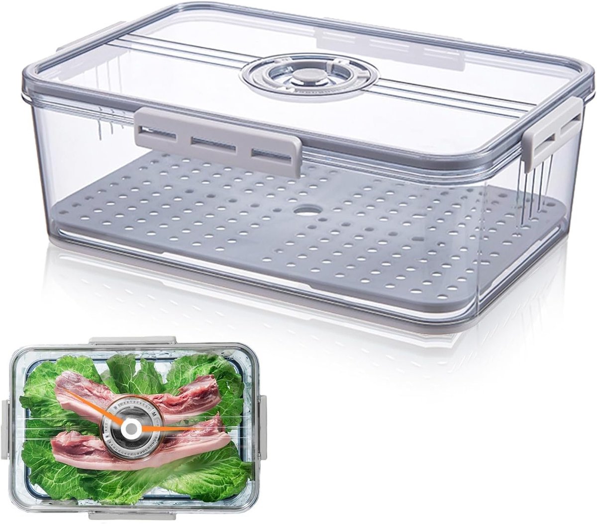 Grote luchtdichte lunchbox voor koelkastopslag met deksel, herbruikbare plastic bewaardozen voor brood, groenten en fruit (32.5 × 22.5 × 11 cm, grijs)