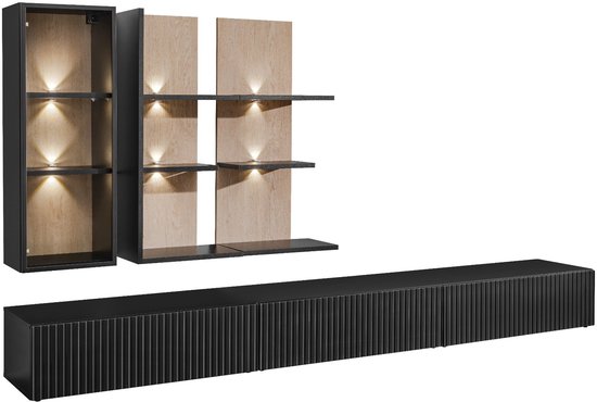 Wandmeubel bestaande uit een kast, open schappen en een laag tv-meubel, alles in zwart eiken design.