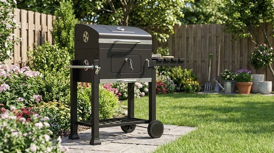 Houtskool Barbecue Grillwagen met Deksel en Thermometer - House&Garden Toronto Elite BBQ - Grote Kolenbarbecue met Verstelbaar Grillrooster, Opklapbare Zijtafel, Warmhoudrek en Wielen - BBQ voor Tuin, Balkon & Terras 56x41,5 cm — afbeelding 3
