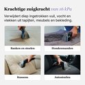 Vier afbeeldingen van de tapijtreiniger in actie: op een bank, hondenkussen, kussen en autostoel.