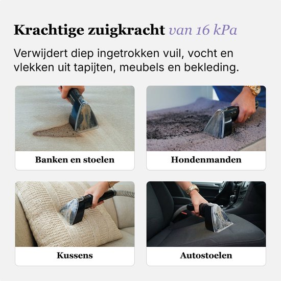 Vier afbeeldingen van de tapijtreiniger in actie: op een bank, hondenkussen, kussen en autostoel.