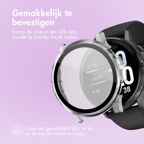 Garmin smartwatch met doorzichtige beschermhoes die op de watch klikt. Tekst: Eenvoudig te bevestigen.