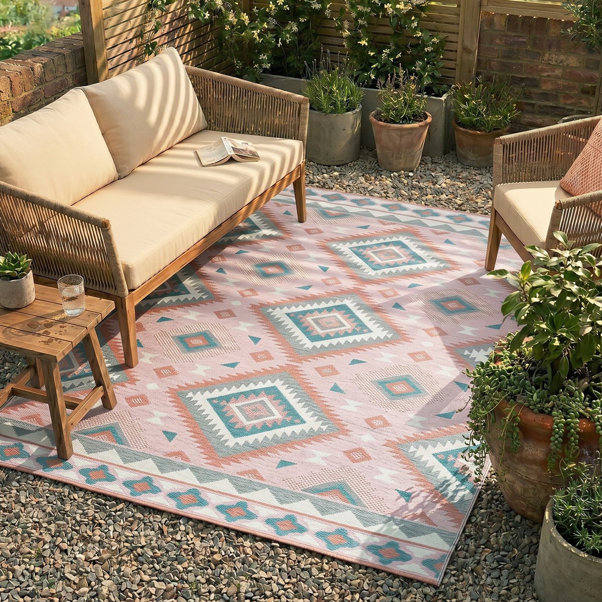 Fraai Bohemian buitenkleed - Vedra Aztec Roze - 200x290cm