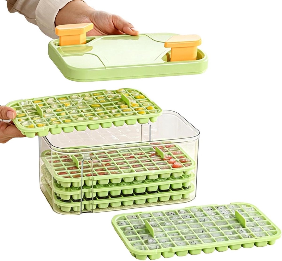 IJsblokjesvormen Set - Vriezer Bakjes - Dranken Koelen - Stapelbaar Met Bak - 77 Holtes - Groen