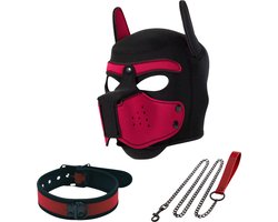 Honden Masker Set - Zwart & Rood - Masker, Halsband en Riem - Puppy Play - BDSM Roleplay & Cosplay - Unisex - Sex Speeltjes Toys - Erotiek - Bondage Masker - OneSize